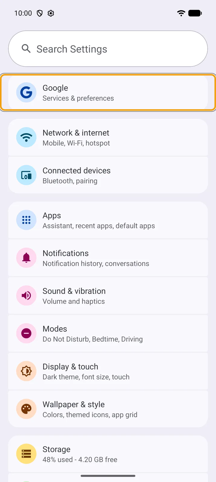 Android Settings with the Google row outlined in orange by Switchify's item scan highlight