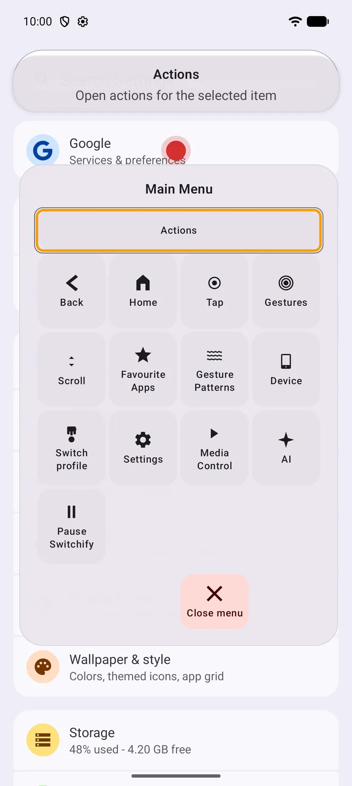 Switchify's main menu open over Android Settings, with Actions highlighted and a header reading Actions, Open actions for the selected item